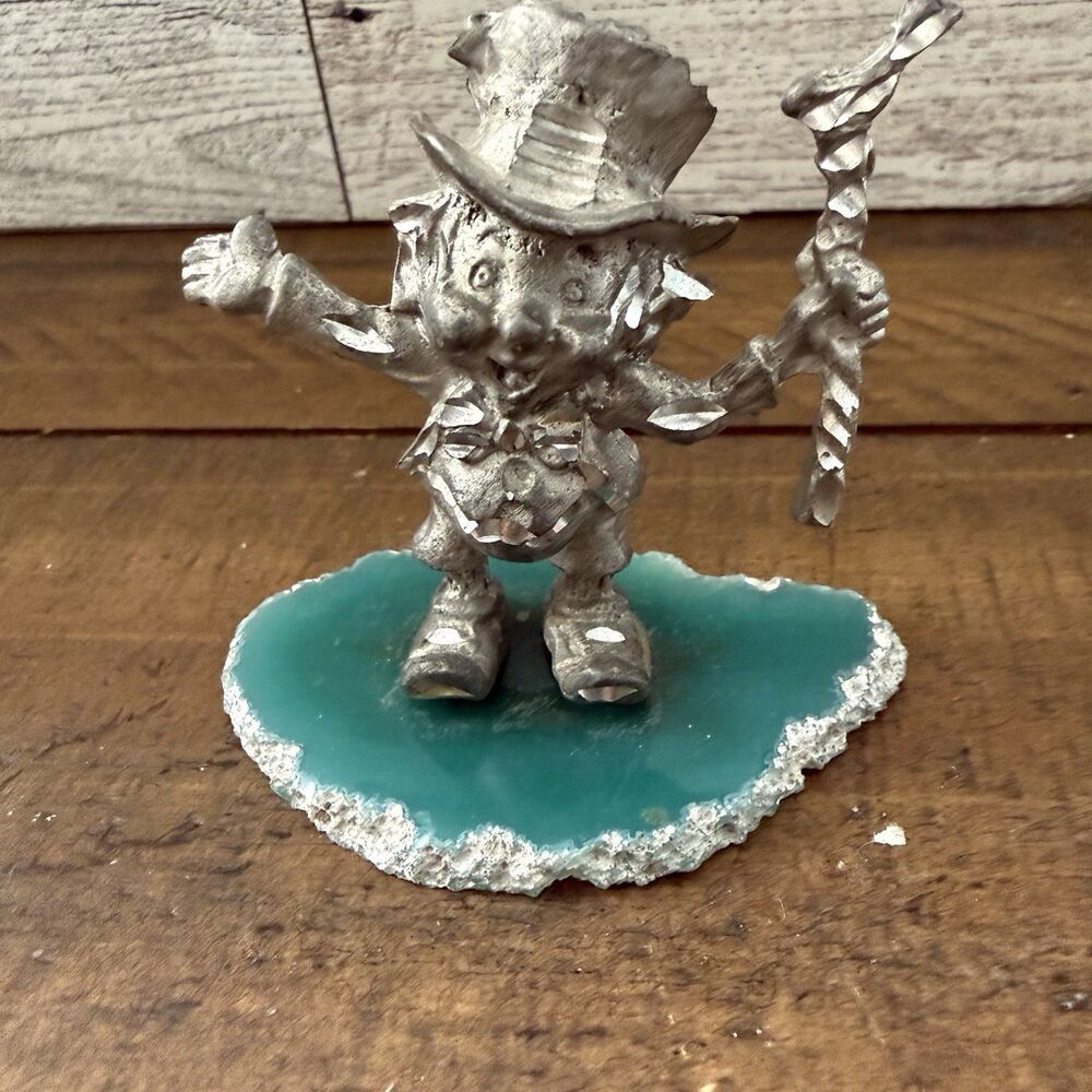 Vintage Lucky Pewter Irish Leprechaun Figurine St Patrick’s Day Stone Slab